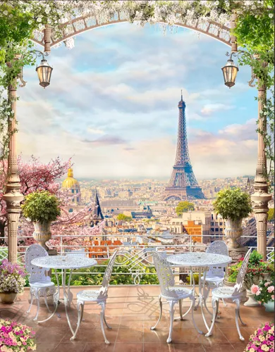 балкон, париж, фонари, франция, эйфелева башня, колонны, кафе, стул, ресторан, небо, город, облака, стол, лучи солнца