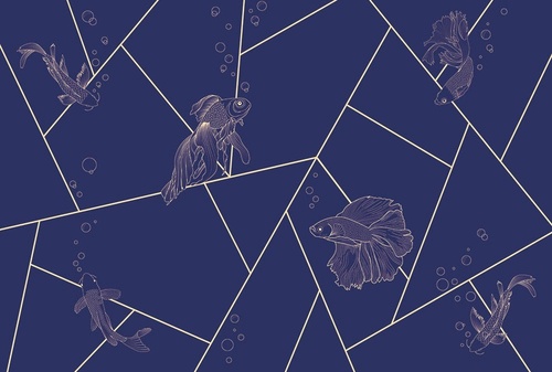 графика, геометрия, рыбы, золотые линии, синий