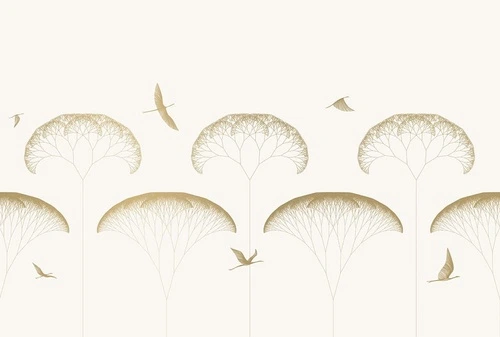 графика, дерево, деревья, птицы, бежевые