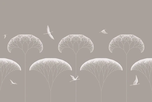 графика, дерево, деревья, птицы, бежевые, темно бежевая