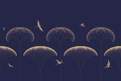 графика, дерево, деревья, с золотом, золотые линии, синий, темно синяя