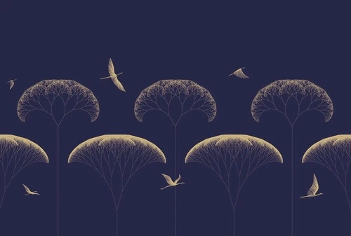 графика, дерево, деревья, с золотом, золотые линии, синий, темно синяя