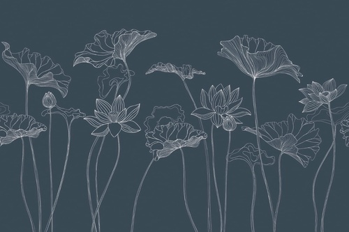 графика, лотосы, листья, серебряные линии, синий, темно синяя