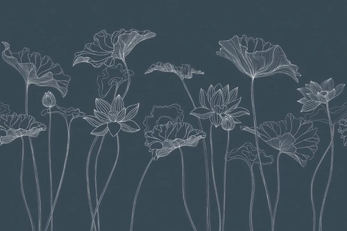 графика, лотосы, листья, серебряные линии, синий, темно синяя