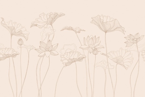 графика, лотосы, листья, бежевые, линии