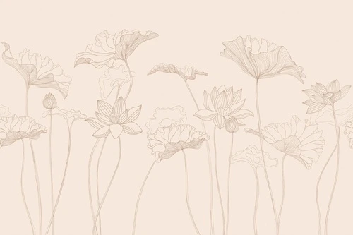 графика, лотосы, листья, бежевые, линии