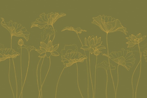 графика, лотосы, листья, золотые линии, зеленая