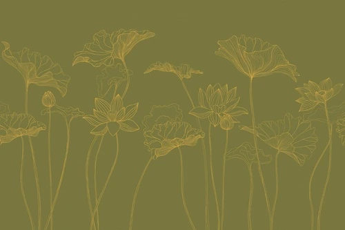 графика, лотосы, листья, золотые линии, зеленая