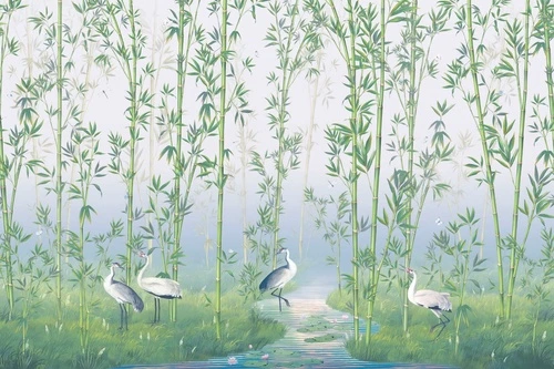 шинуазри, сад, бамбук, бамбуковый, цапли, ярко зеленая