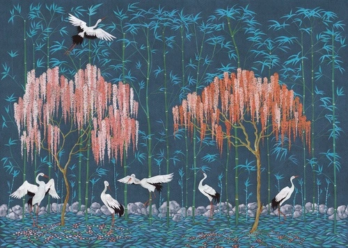 шинуазри, синий, бирюзовая, птицы, бамбук, глициния