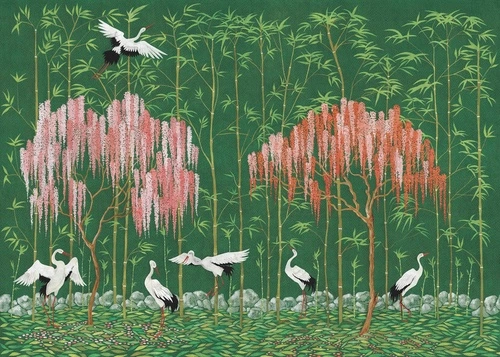 шинуазри, зеленая, птицы, бамбук, глициния