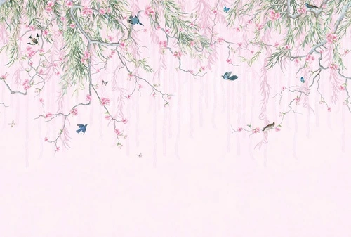 шинуазри, ветки, свисающие, розовая, листья