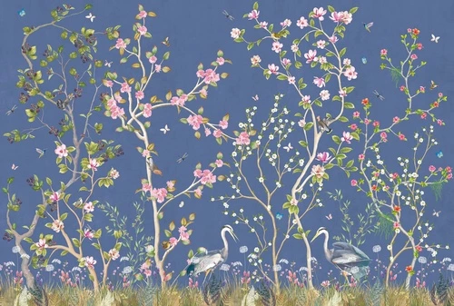 шинуазри, сад, сады, синий, на синем фоне, розовая, с цветами