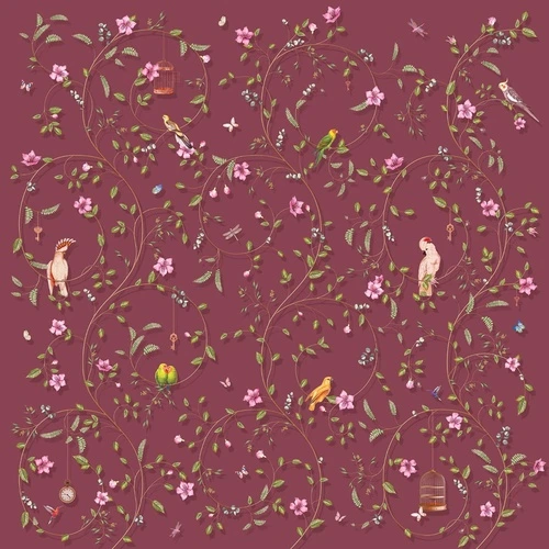 шинуазри, сад, вишневая, темно-розовая, узор, цветы, листья, птицы