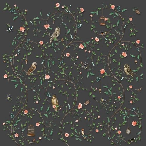 шинуазри, сад, темные, на черном фоне, узор, ветки, птицы, совы