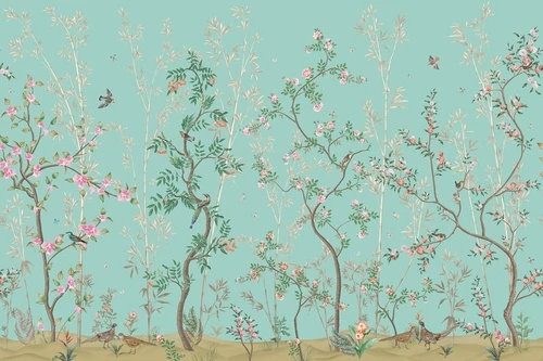 шинуазри, зеленая, бирюзовая, деревья, розовые цветы