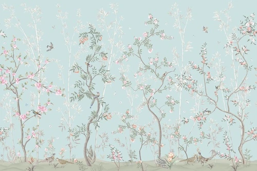 шинуазри, голубая, деревья, розовые цветы