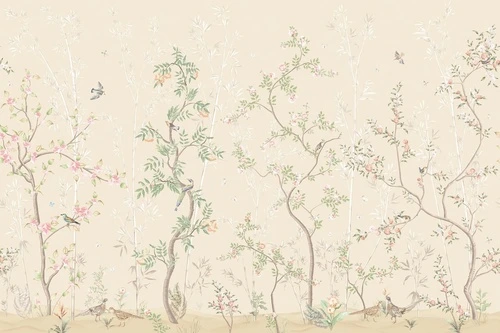 шинуазри, персиковая, деревья, розовые цветы