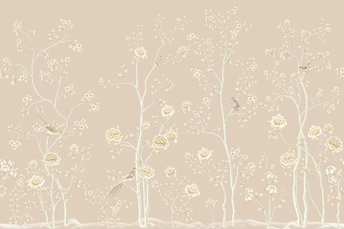 шинуазри, бежевые, розово-бежевая, деревья, розы, птицы