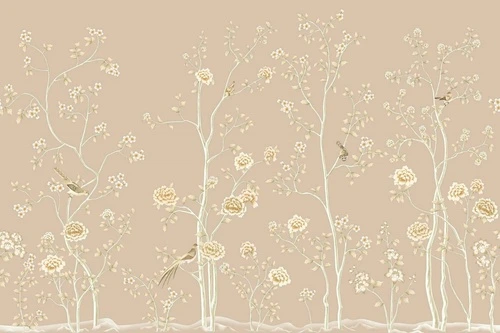 шинуазри, бежевые, темно бежевая, деревья, розы, птицы