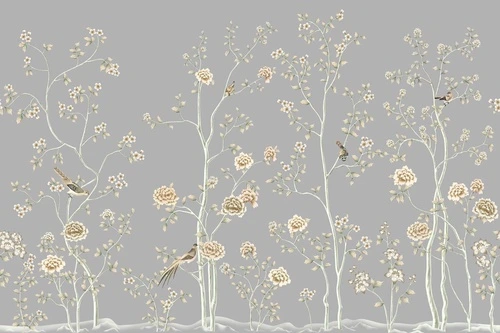 шинуазри, серая, деревья, розы, птицы