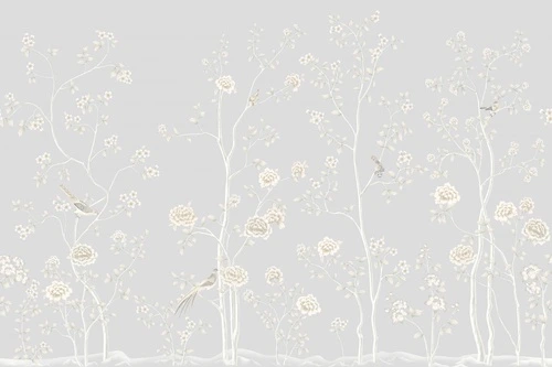 шинуазри, бело-серая, серые, деревья, розы, птицы