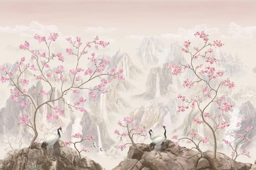 шинуазри, сакура, дерево, горы, розовая, японская, китайская