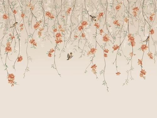 шинуазри, ветки, свисающие, птицы, розовая