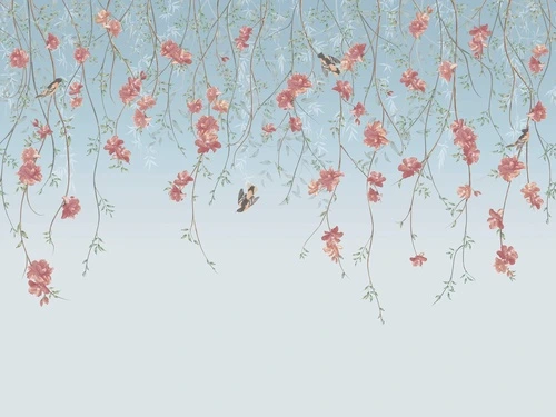 шинуазри, свисающие, яркие, голубая, красная, с птицами