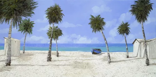 пальмы, бежевые, горизонт, деревянные, песок, зеленые, море, пляж, раздевалки, белые, облака, домики, небо, лодка
