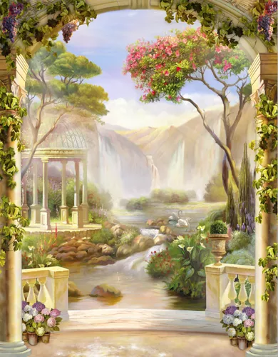 пейзаж, классика, природа, арка, зеленые, терраса, с водопадом, с садом, беседка, цветы, деревья, водопад, колонны, природа с водопадом, живопись