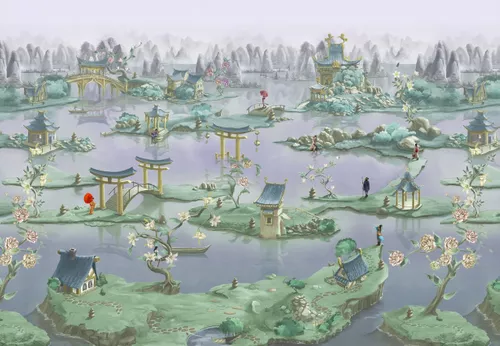 китайский пейзаж, зеленые, фиолетовые, сиреневые, китайские, китайская пагода, китайские ворота, китай, китайские мосты, пейзаж, пагода