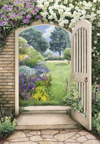 пейзаж, природа, в сад, двор, каменный пол, кирпичная стена, цветы, изгородь, фиолетовые, белые, зеленые, кусты, желтые, дверь, калитка в сад, дверь в сад, выход в сад, двери в сад