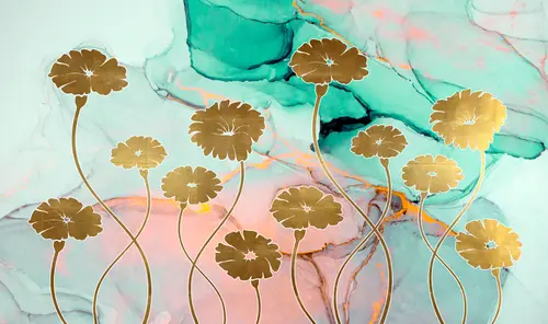 акварель, современный, мрамор, минимализм, цветы, золото