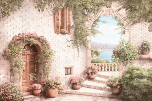 горизонт, каменная кладка, кирпичная стена, города, улочки, цветы, кирпич, белые, арка, лестница, окно, пляж, горы, дверь, красные, ограда, водоем, вазы, кусты, растения, розовые, ставни