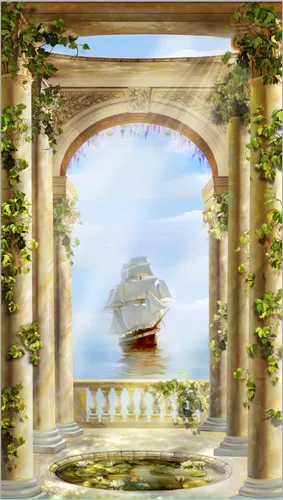 колонны, море, корабль, парусник, морской пейзаж, голубые, природа, вид из арки, парусники, зеленые листья, бежевые, песочные цвета, кувшинки, вид на море, корабли, солнечные, пейзаж