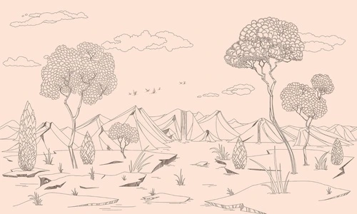 графика, персиковая, розовая, горы, деревья