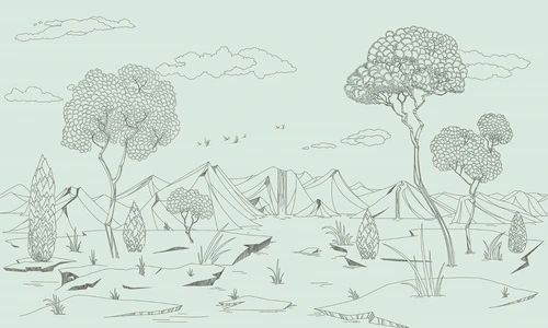 графика, зеленая, салатовая, светлые, горы, деревья