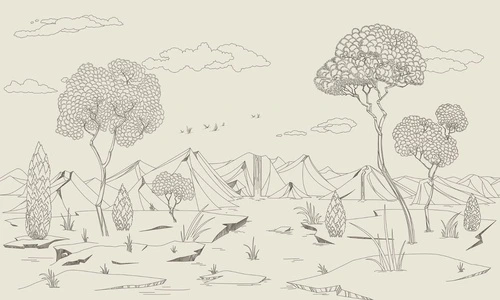 графика, бежевые, светло бежевая, бежево-розовая, горы, деревья