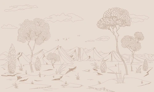 графика, розовая, бежево-розовая, линии, горы, деревья