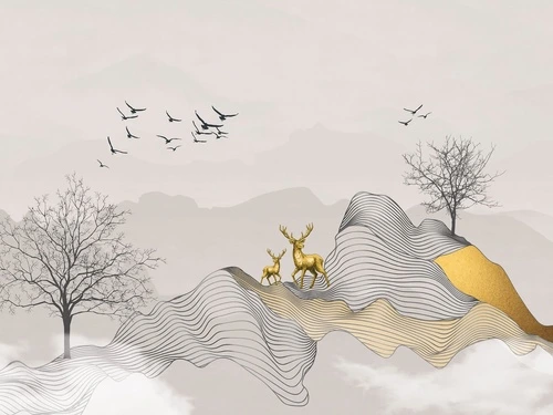 графика, горы, дерево, олень, золотые линии, черные линии, с золотом