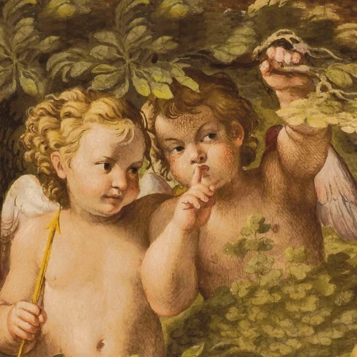 живопись, картины, ангелы, два ангела в листьях