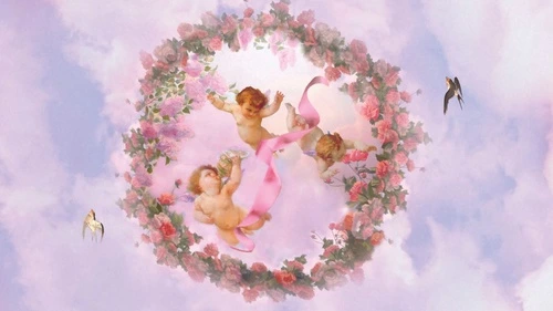 живопись, потолок, ангелы, венок из цветов, облака