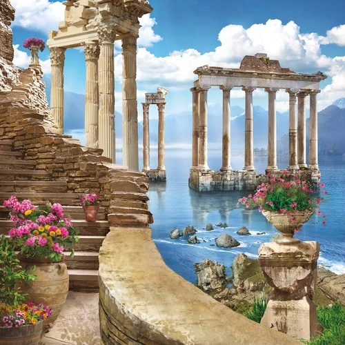 пейзаж, в загородный дом, колонны, море, яркие