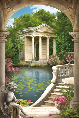 пейзаж, арка, пруд, развалины