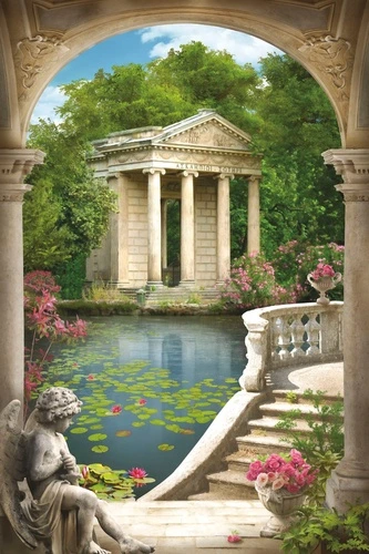 пейзаж, арка, пруд, развалины