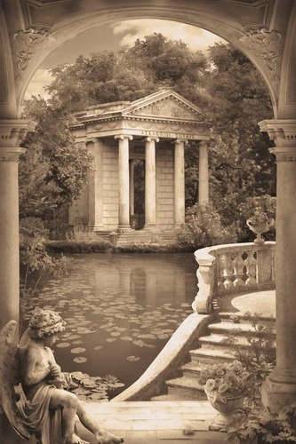 пейзаж, арка, пруд, развалины, бежевые