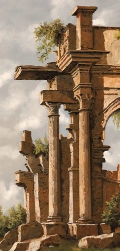 пейзаж, развалины, колонны, бежевые