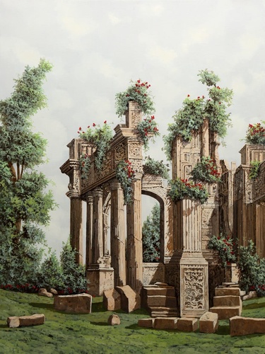 пейзаж, развалины, колонны, деревья, зелень