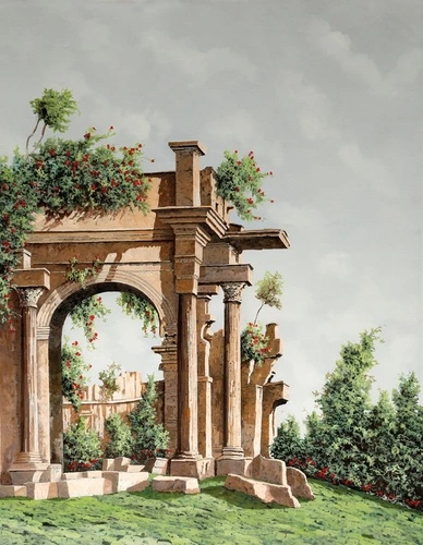 пейзаж, развалины, колонны, зелень, зеленая